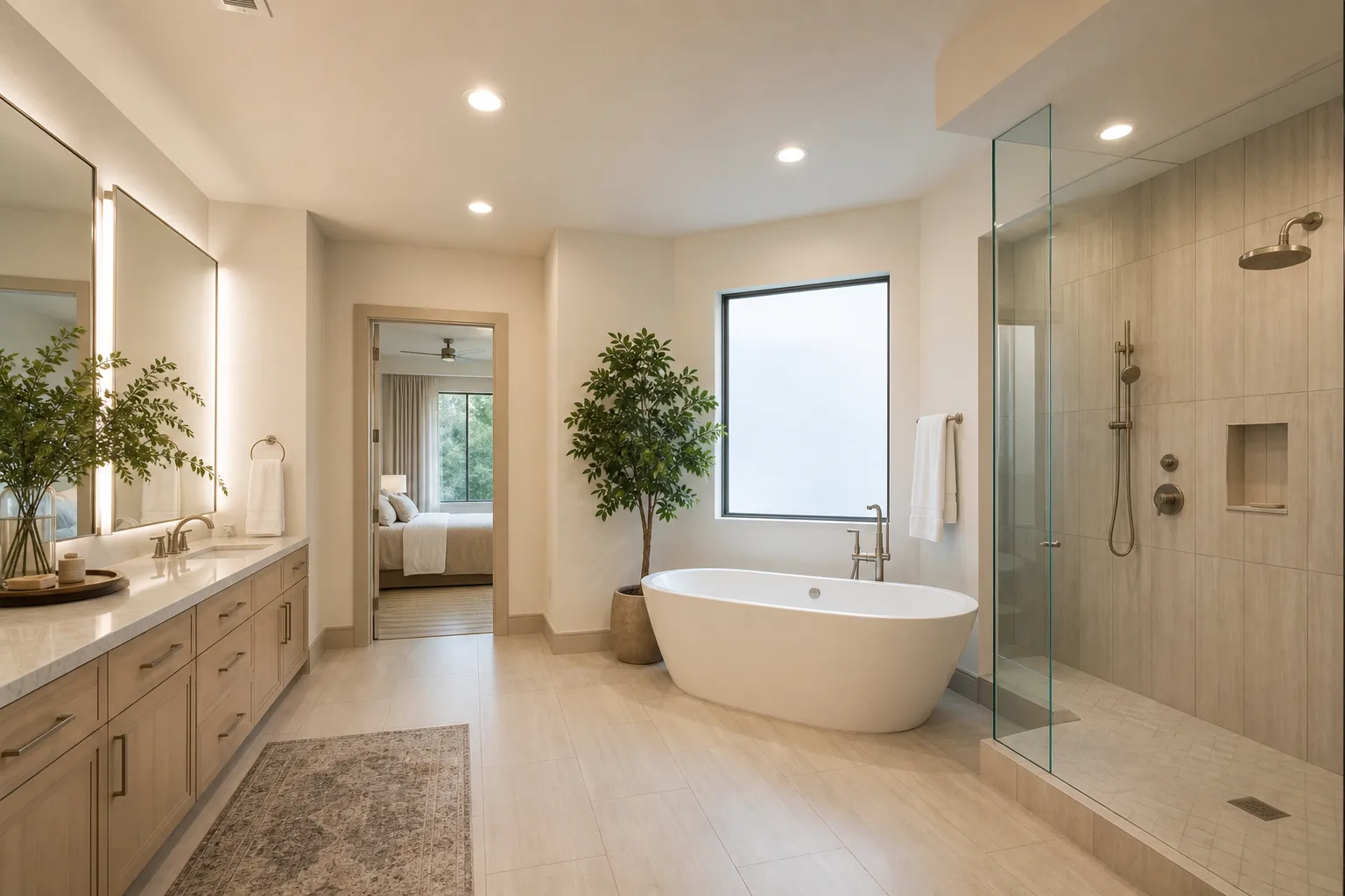 Illustrative remodeled bathroom with ceiling lighting and a vanity