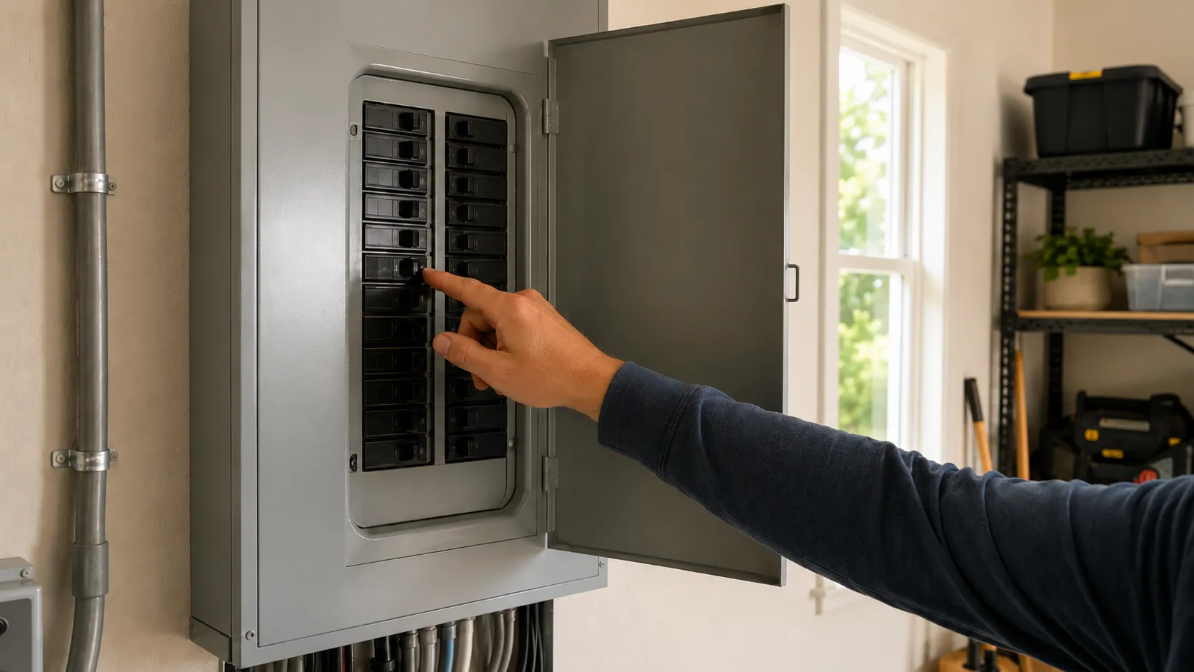 Hand reaching toward a tripped breaker in a Houston home electrical panel