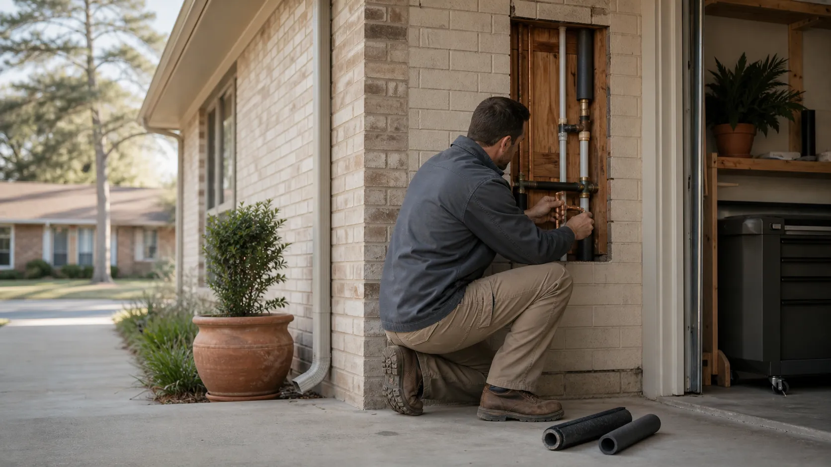 Licensed Houston plumber repairing a burst water pipe after a Texas freeze