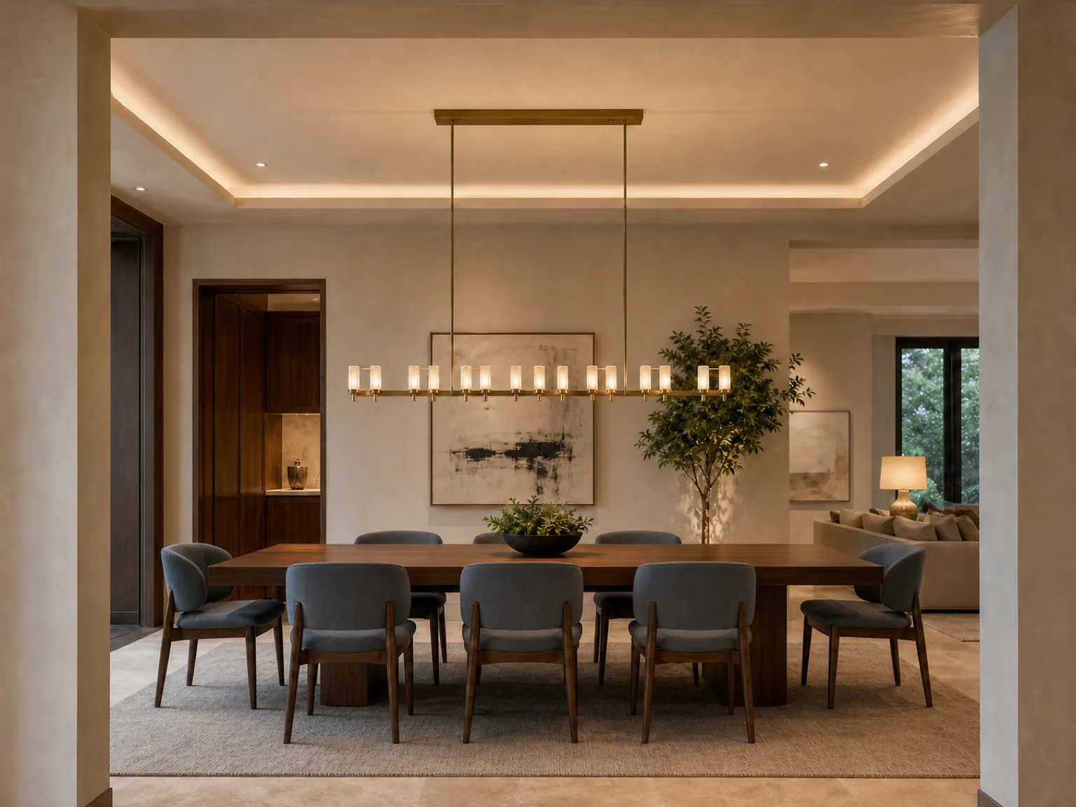 Illustrative design reference of a linear statement chandelier over an eight-seat dining table