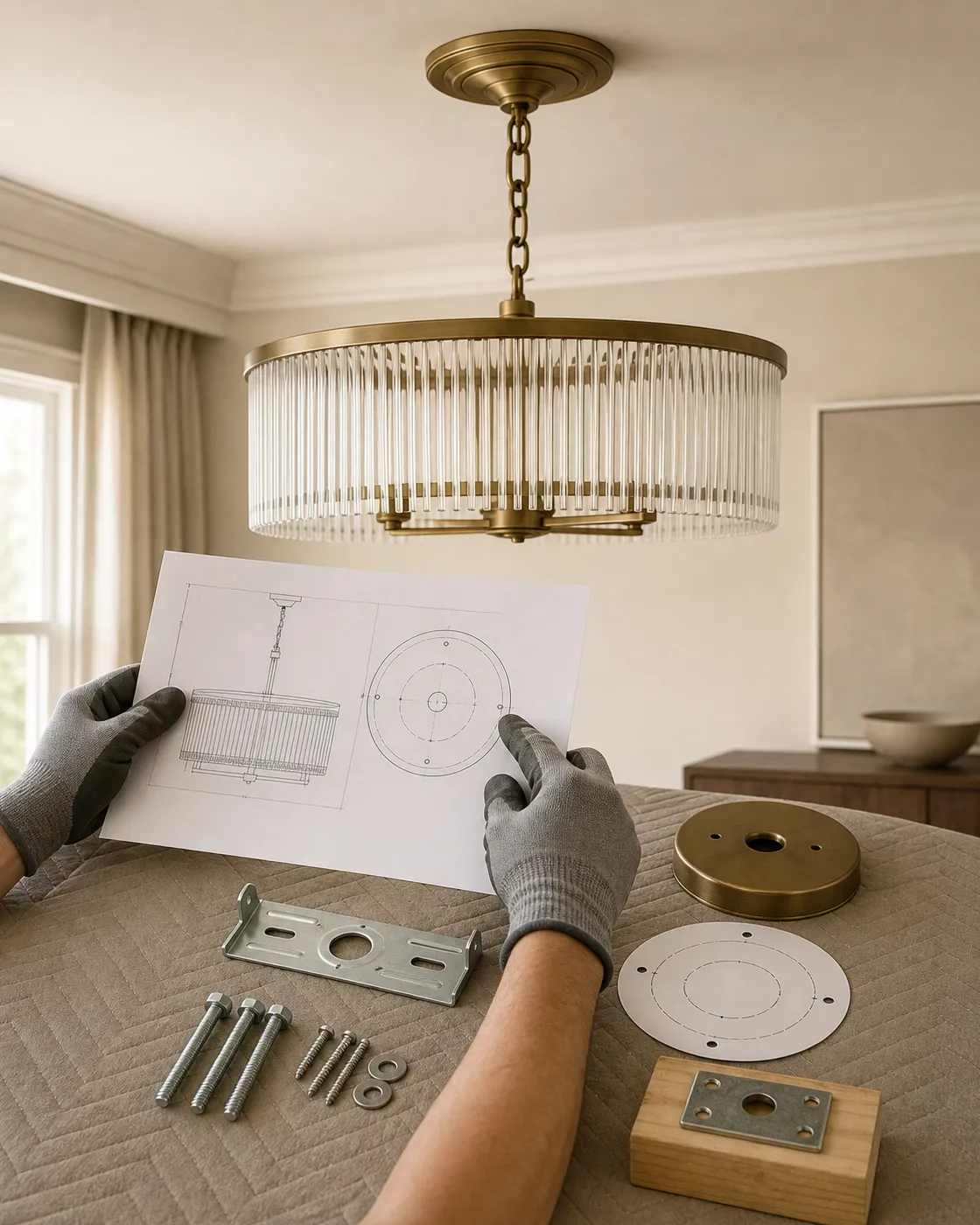 Illustrative chandelier installation-planning reference with gloved hands, fixture specifications, bracket, and support hardware