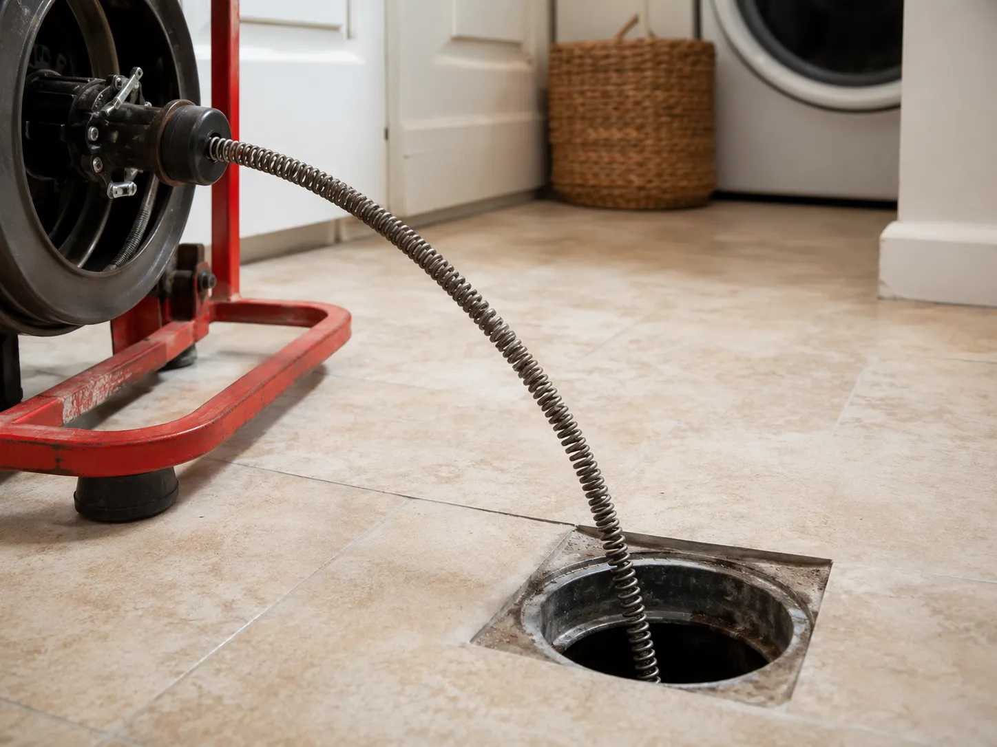 A plumber hydro-jetting a clogged residential drain line