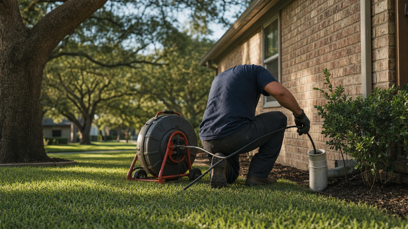 Licensed Houston plumber hydro-jetting a residential drain line