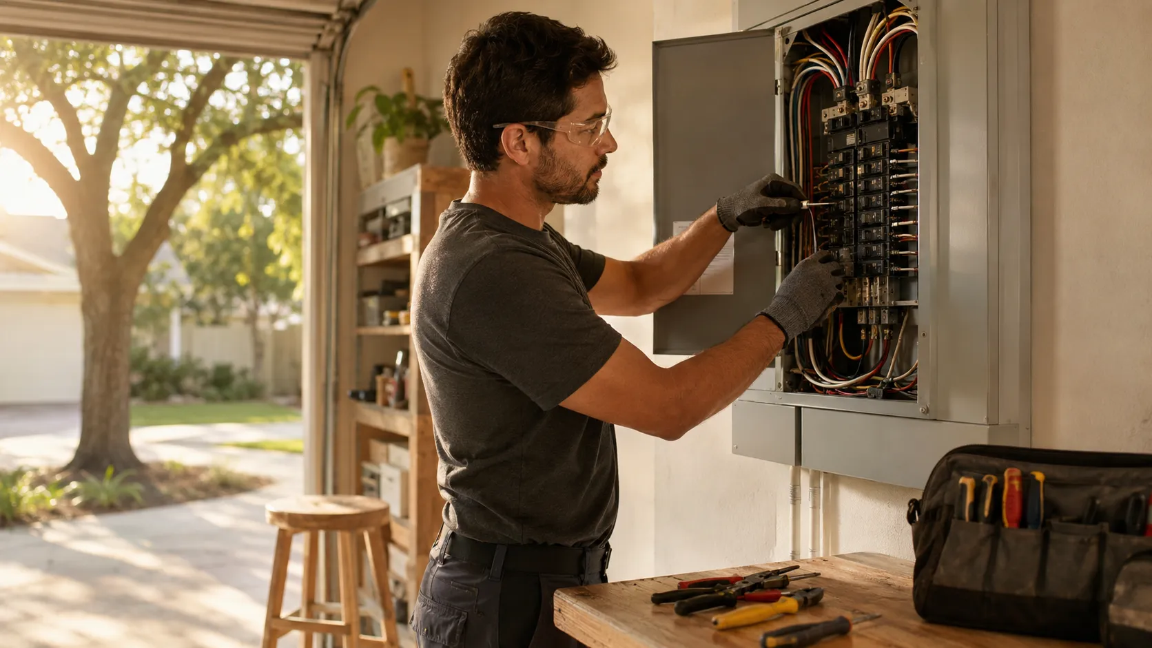 A licensed Houston electrician working on a residential service panel
