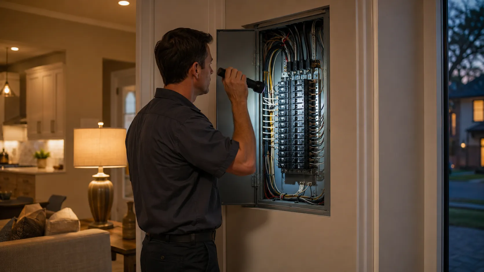 Houston electrician at a residential service panel during early evening, inspecting with a flashlight