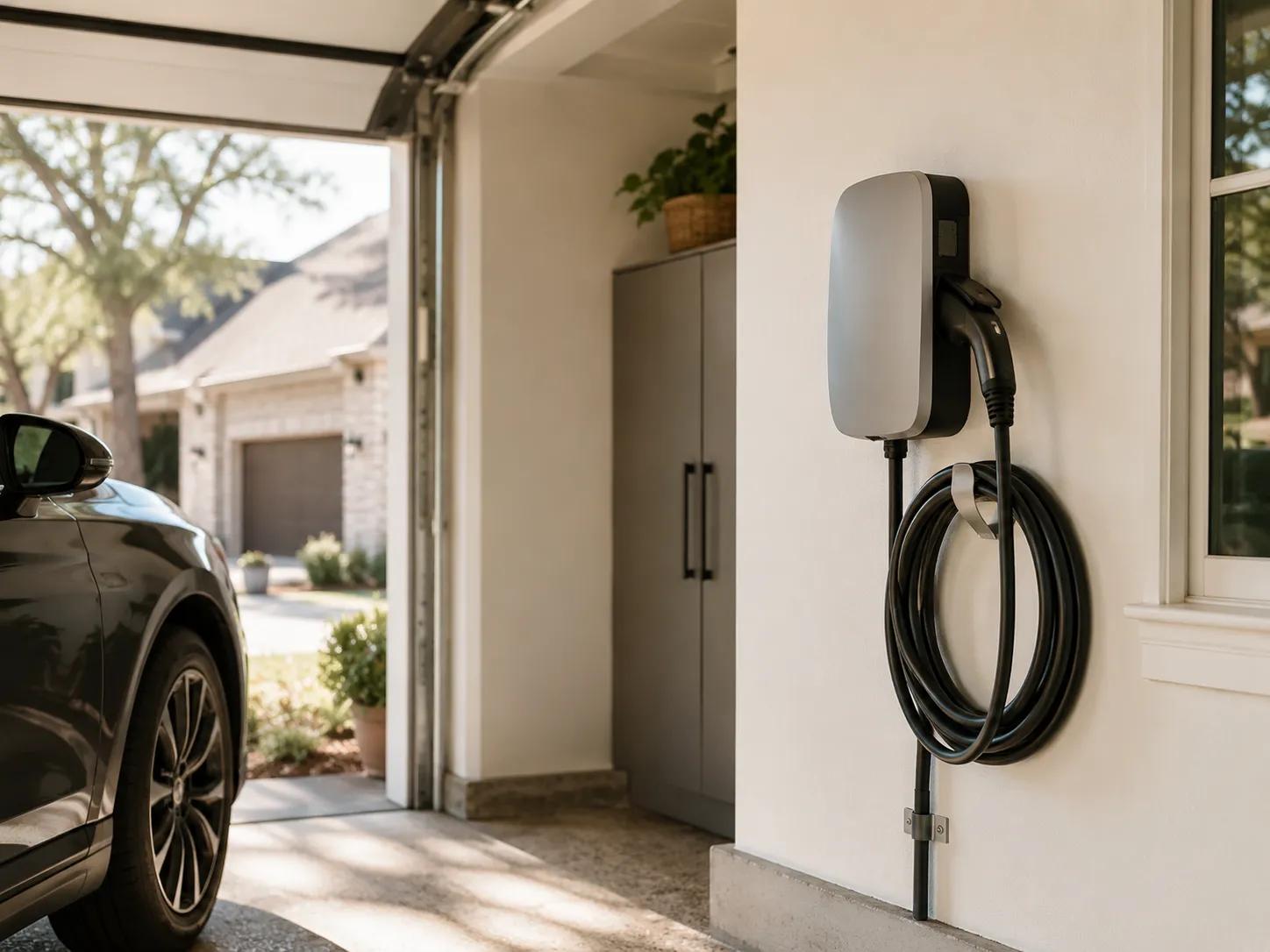 A Level 2 EV charger installed in a Houston home garage