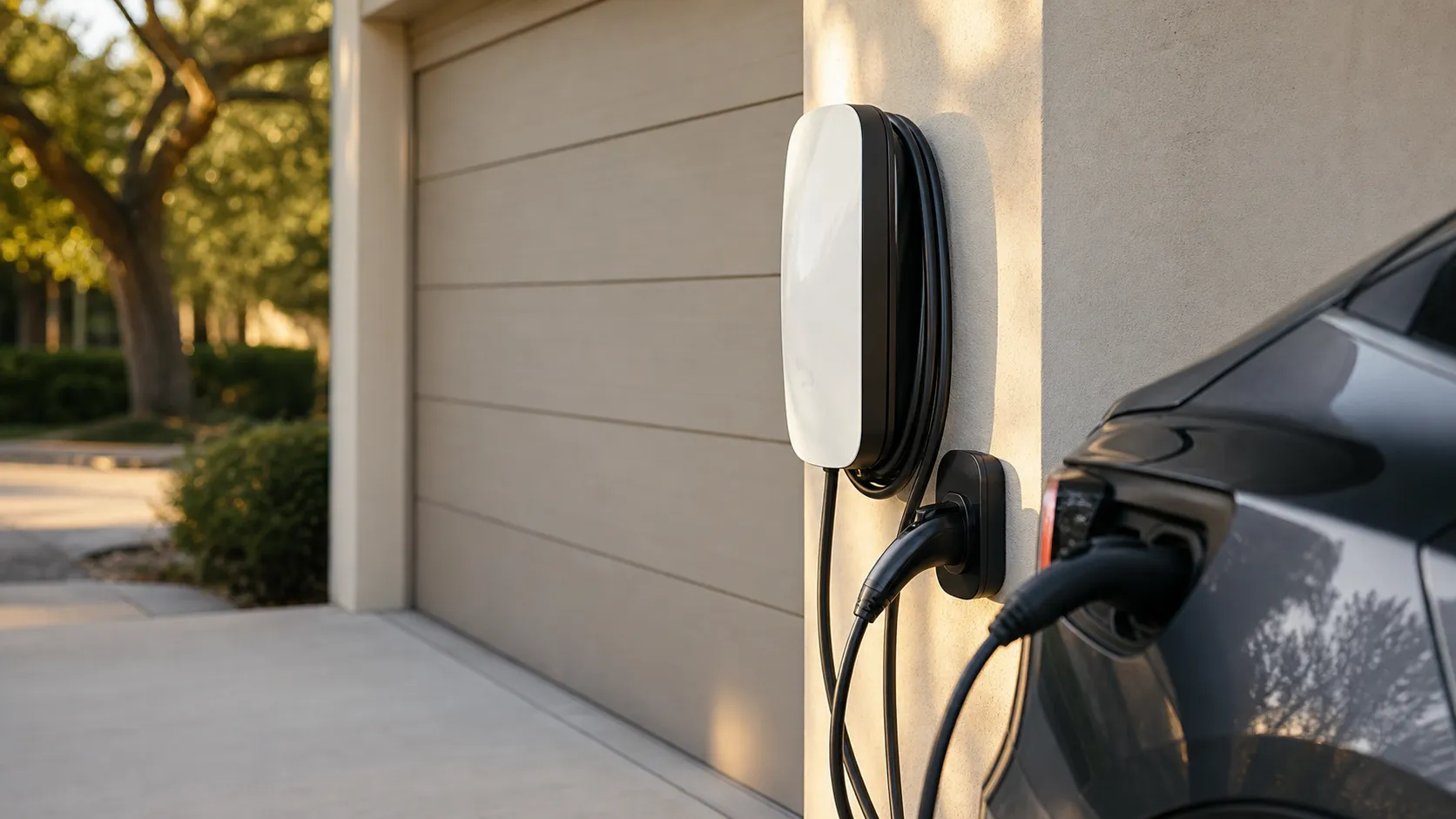 Wall-mounted Level 2 EV charging unit on a Houston home garage exterior with a charging vehicle nearby