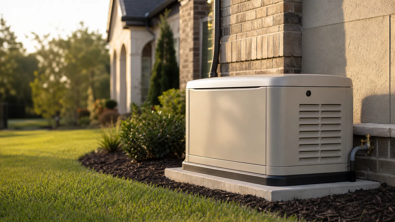 Residential standby whole-home generator installed on a concrete pad beside a Houston brick home