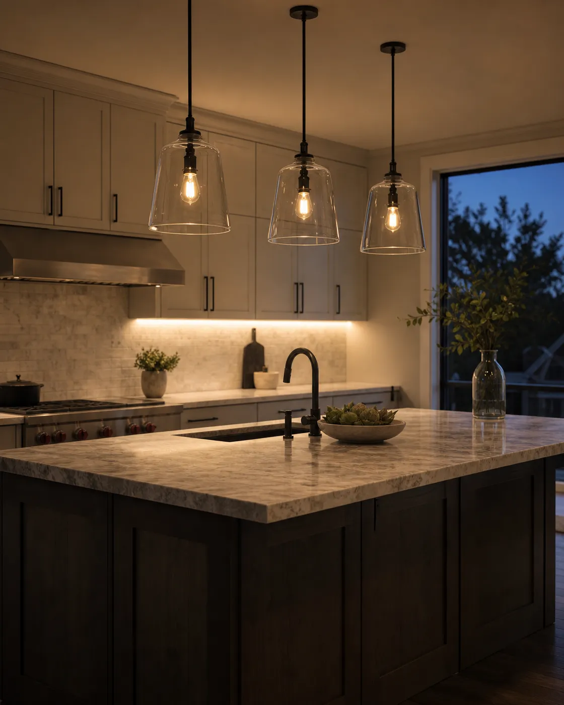 A kitchen with task lighting on a preset cooking scene