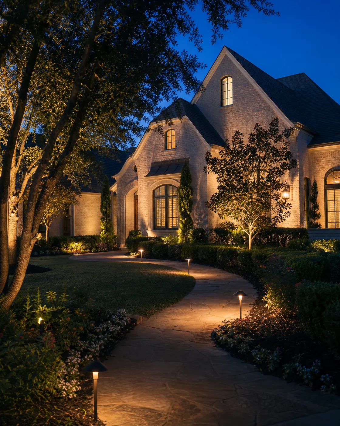 A garden path lit with low, warm path lights