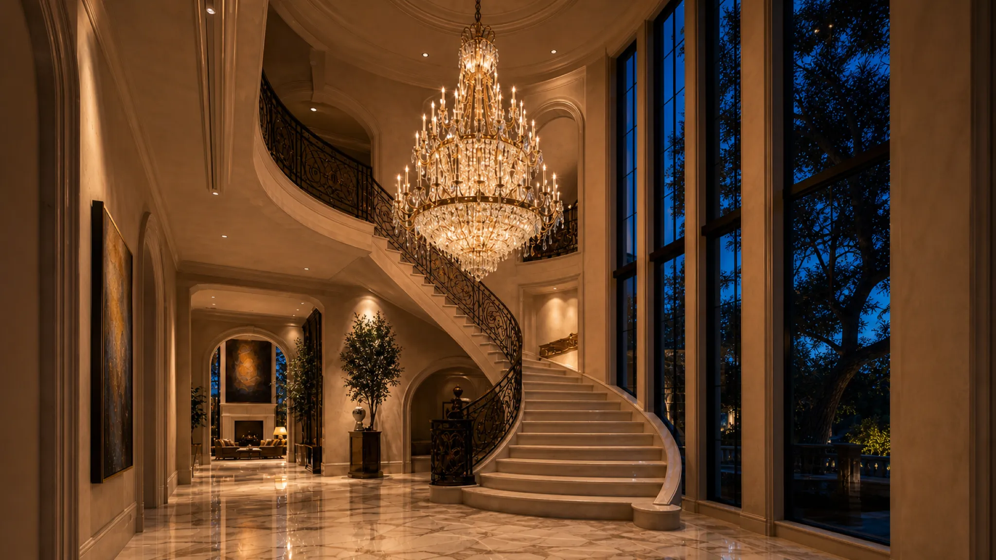 A grand chandelier in a Houston foyer at dusk, evening light