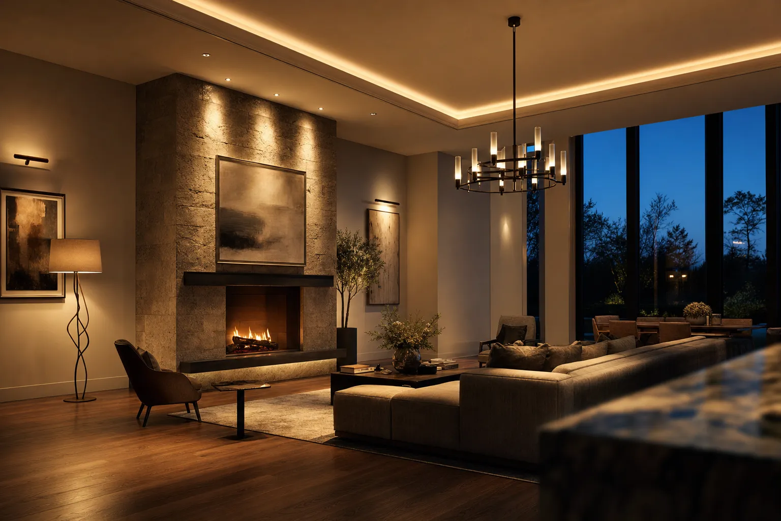 Open-plan Houston living room with whole-house lighting design