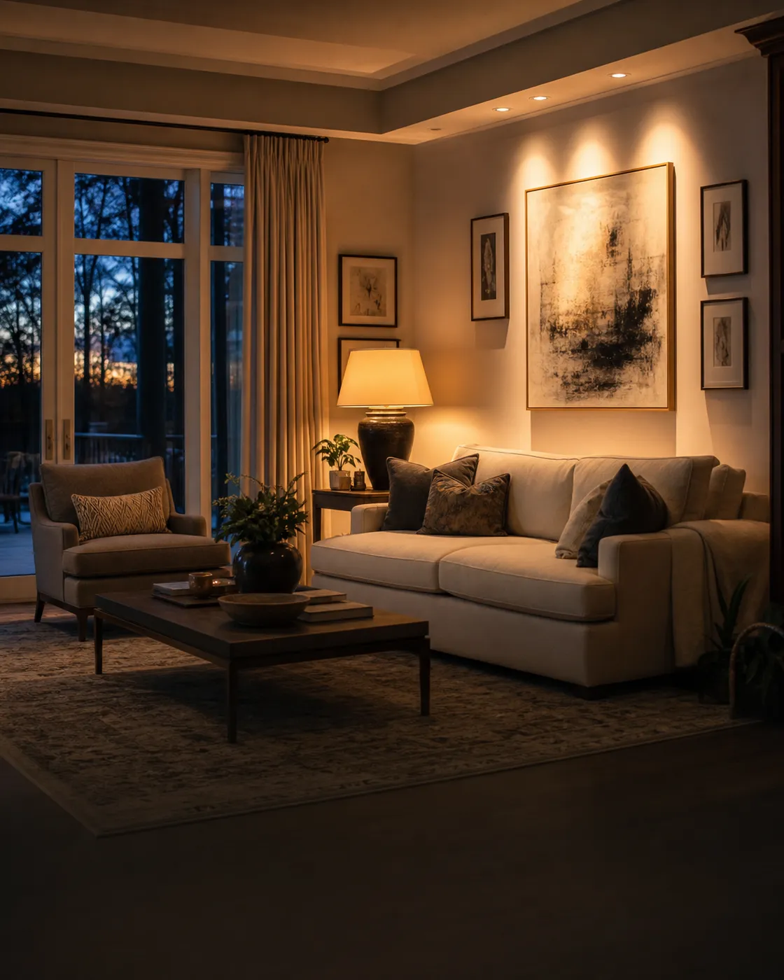 A living room lit in warm layered scenes