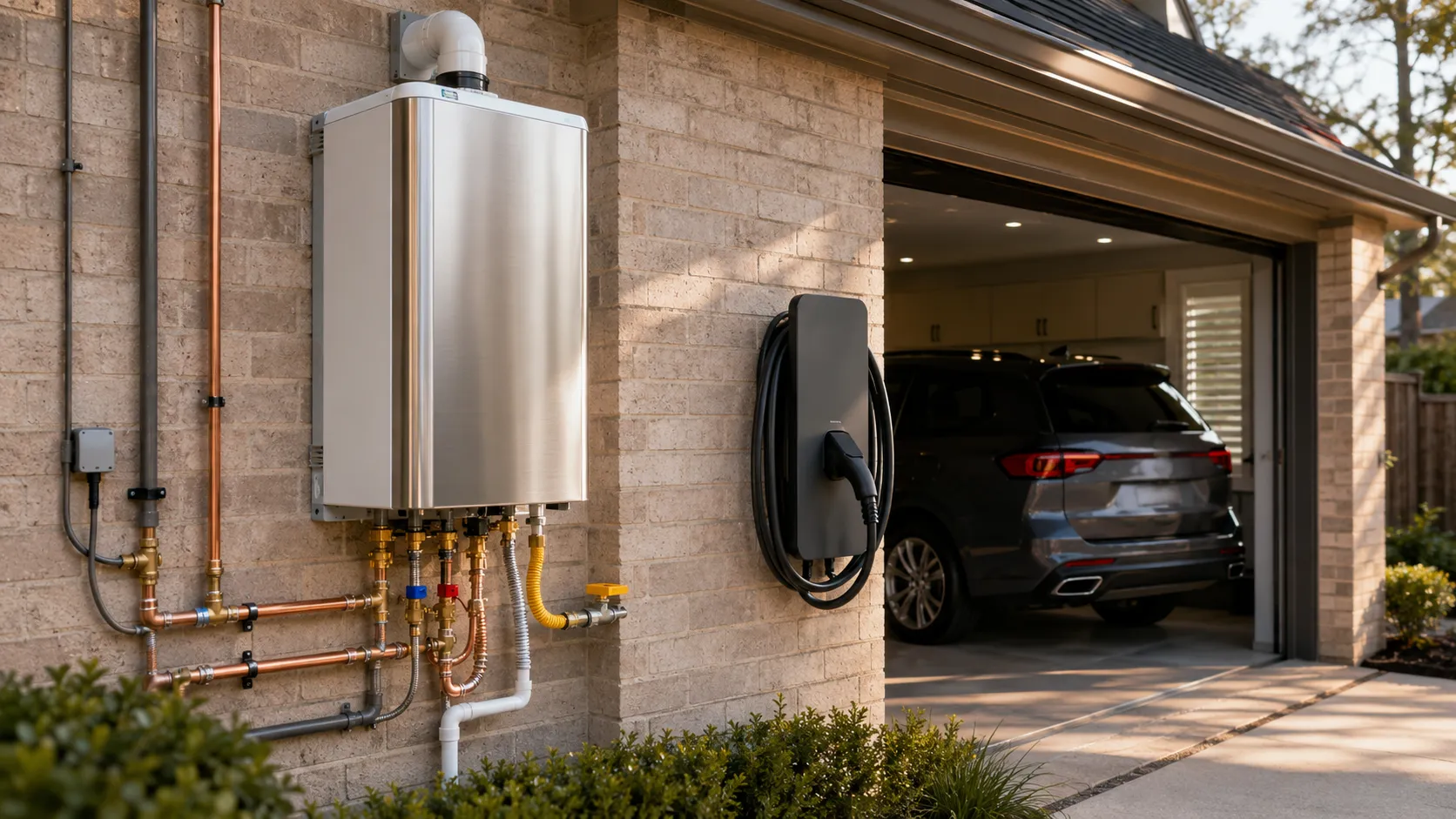 A tankless water heater and EV charger installation at a Memorial-area Houston home