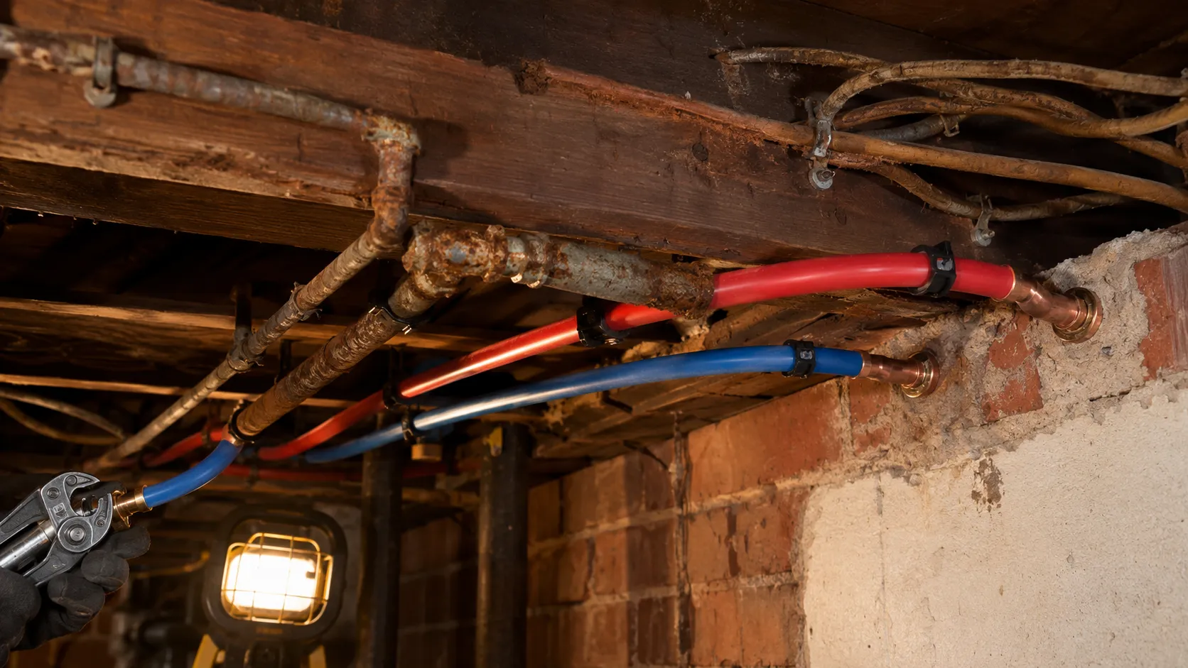 Galvanized supply pipes being replaced with PEX in a Montrose Houston bungalow