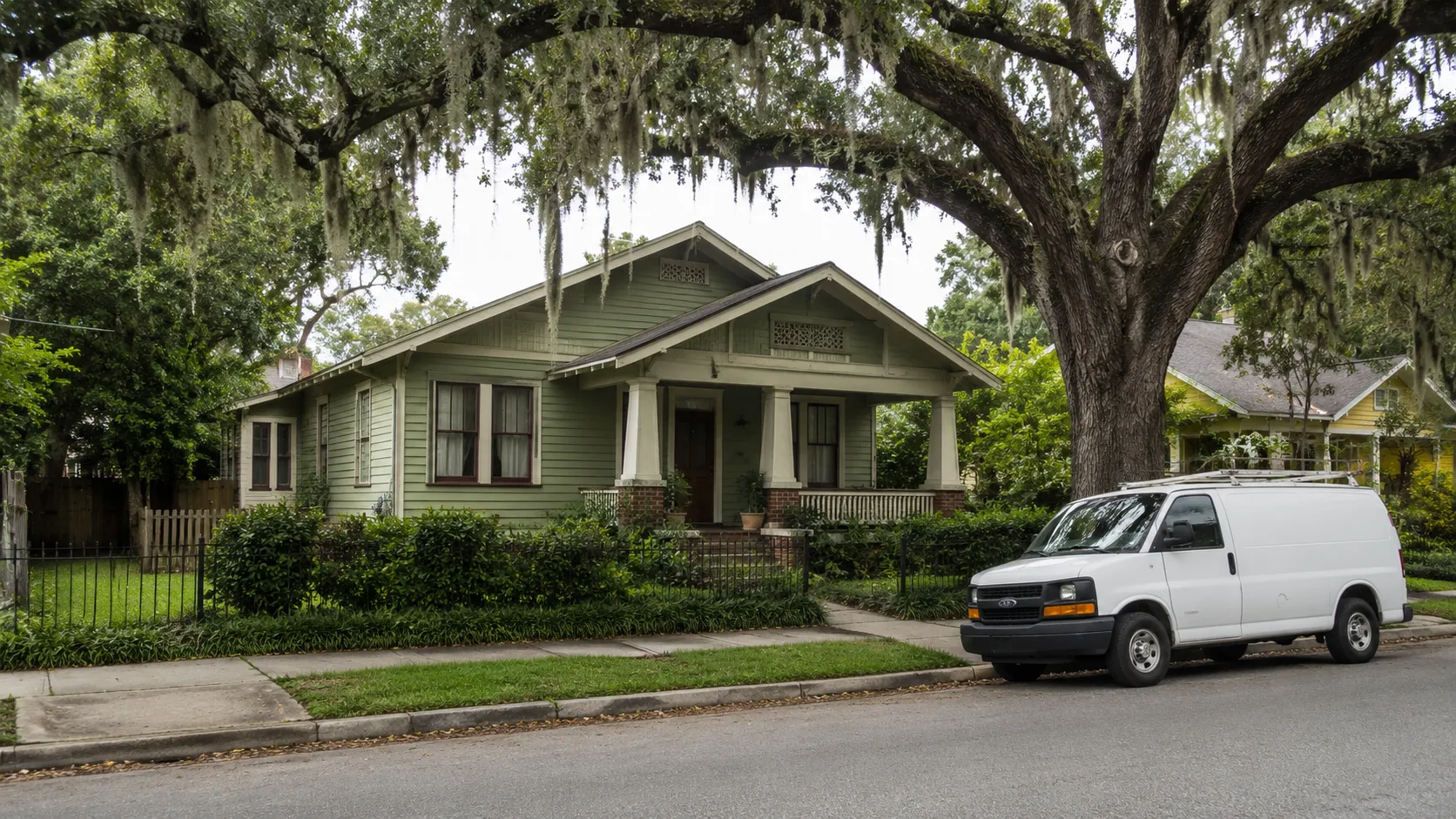 A licensed electrician's van parked at a 1920s bungalow in Montrose Houston