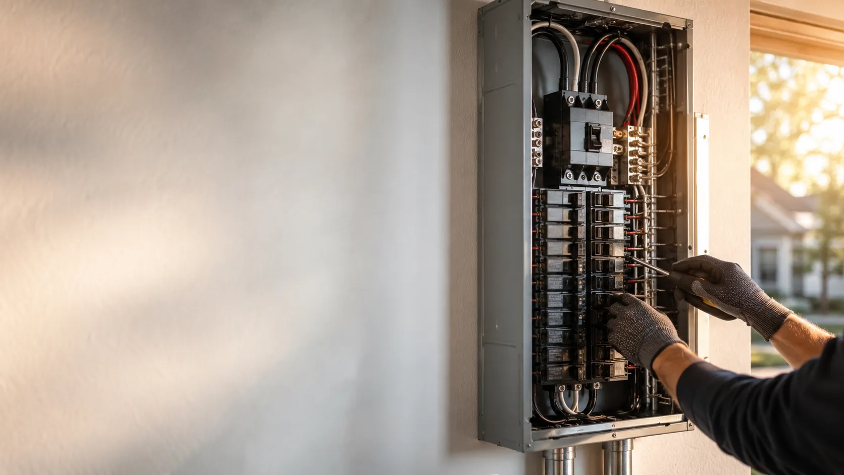 Licensed Houston electrician finishing the installation of a modern 200-amp residential breaker panel