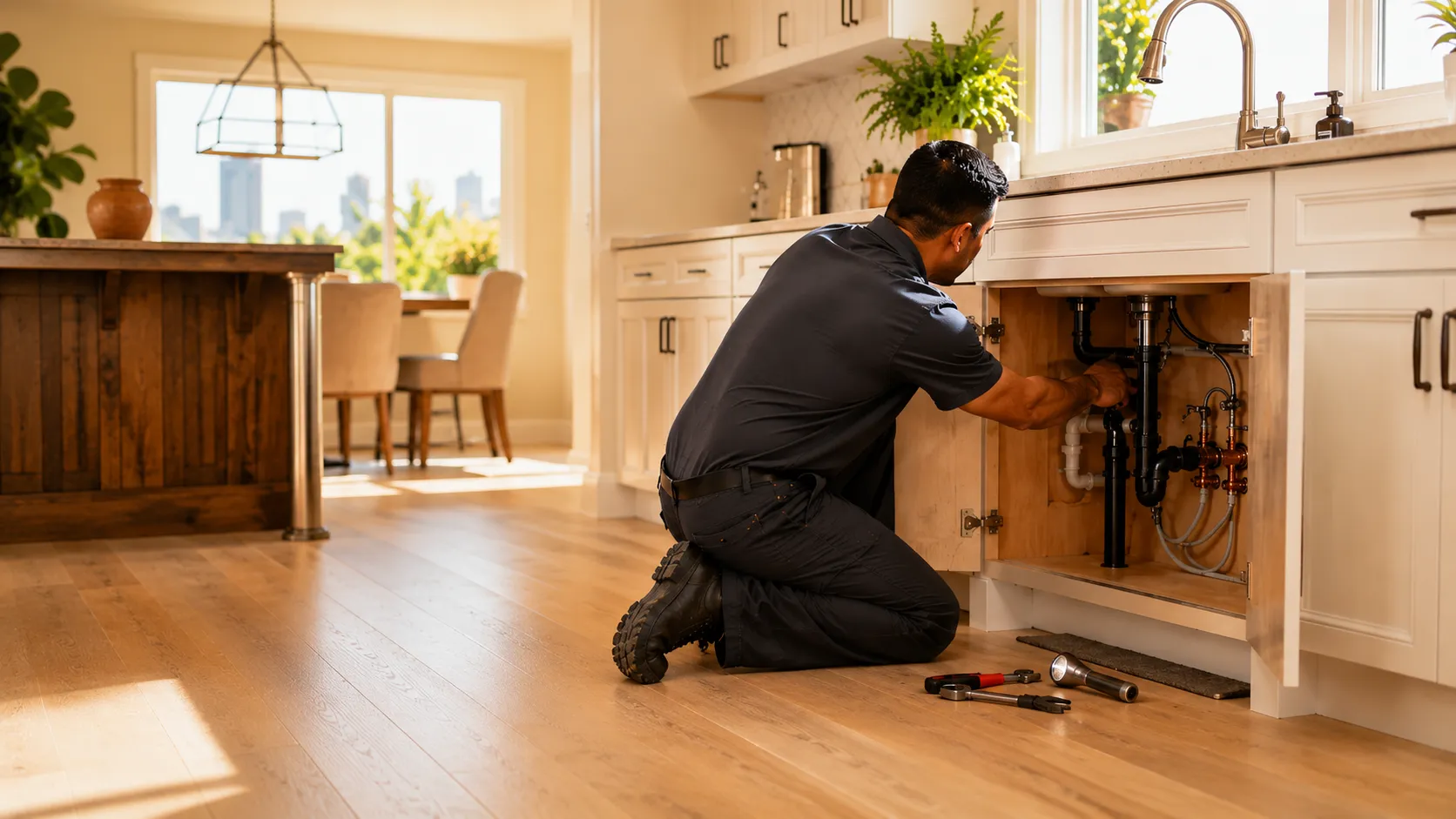 A licensed Houston plumber working on a residential water heater