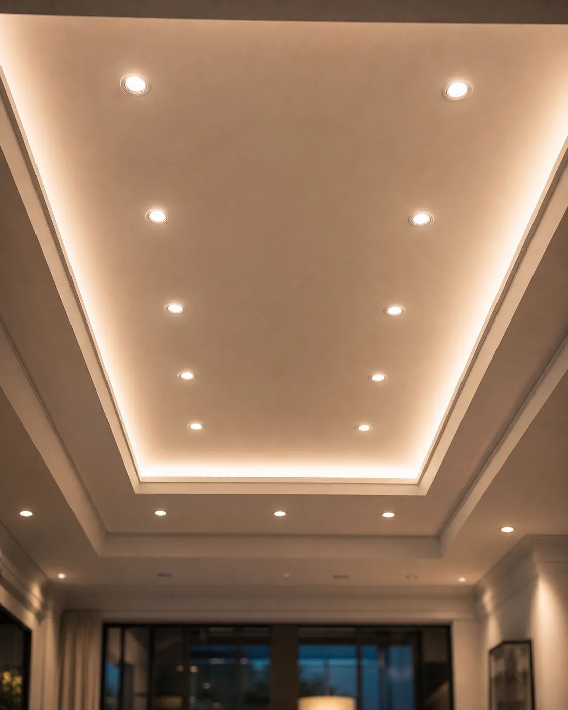 Evenly spaced recessed wafers across a smooth ceiling
