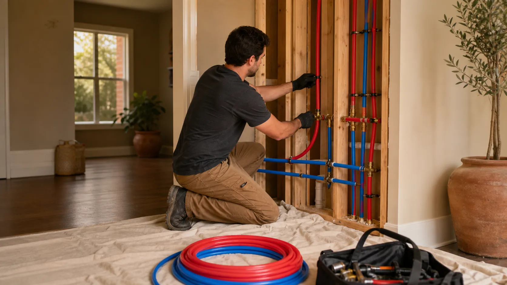Licensed Houston plumber installing PEX supply lines during a whole-home repipe