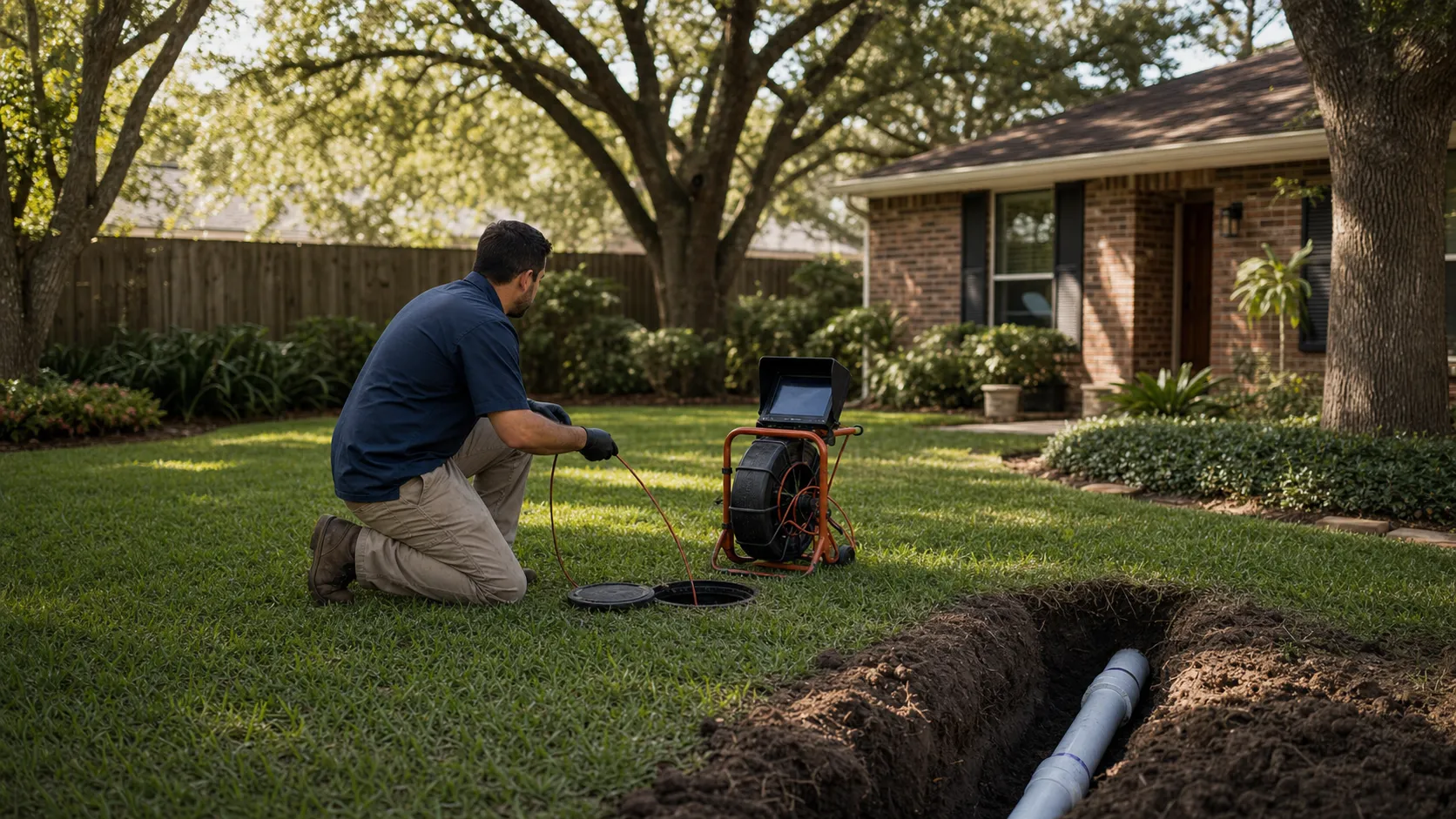 Camera inspection of an aging cast-iron sewer line under a Houston home