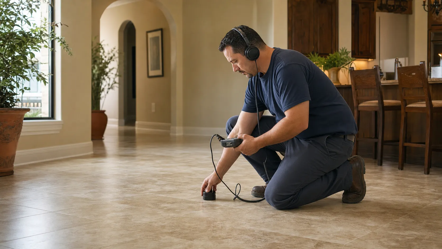 Licensed Houston plumber using electronic acoustic equipment to locate a slab leak on a home floor