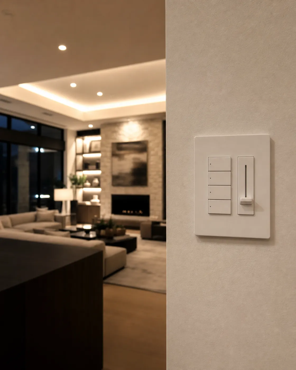 A smart dimmer and keypad controlling a Houston living room