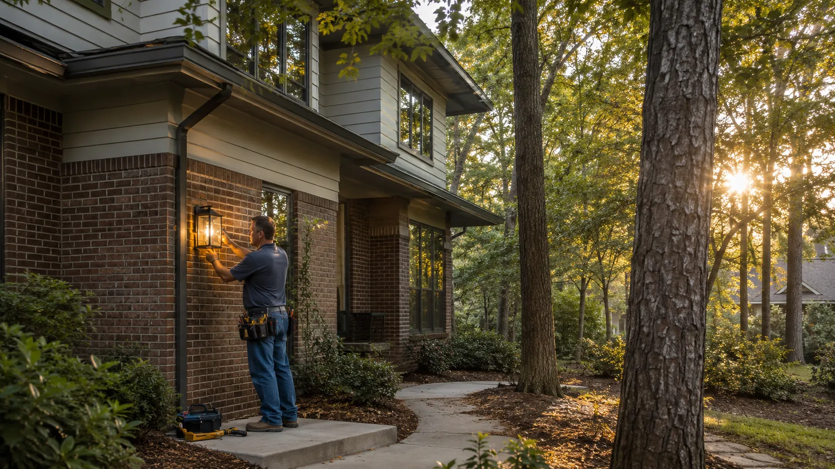 A wooded village streetscape in The Woodlands, TX