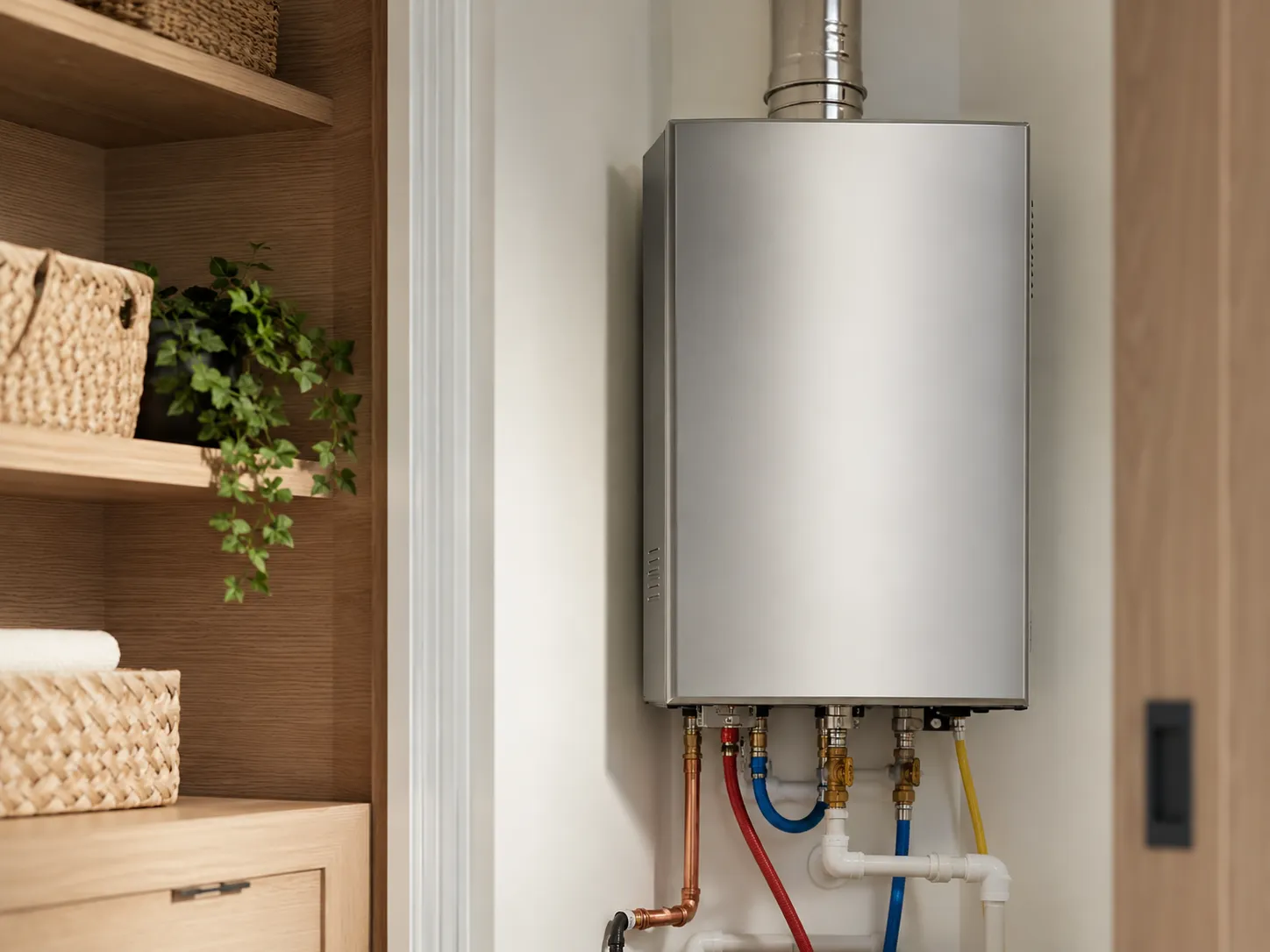 A licensed Houston plumber servicing a residential water heater
