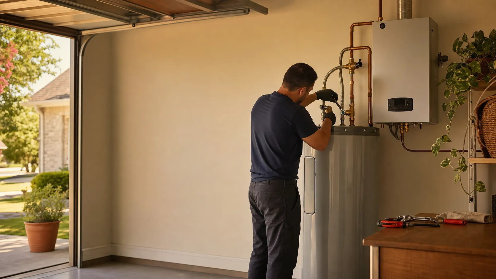 Licensed Houston plumber installing a residential tank water heater in a garage