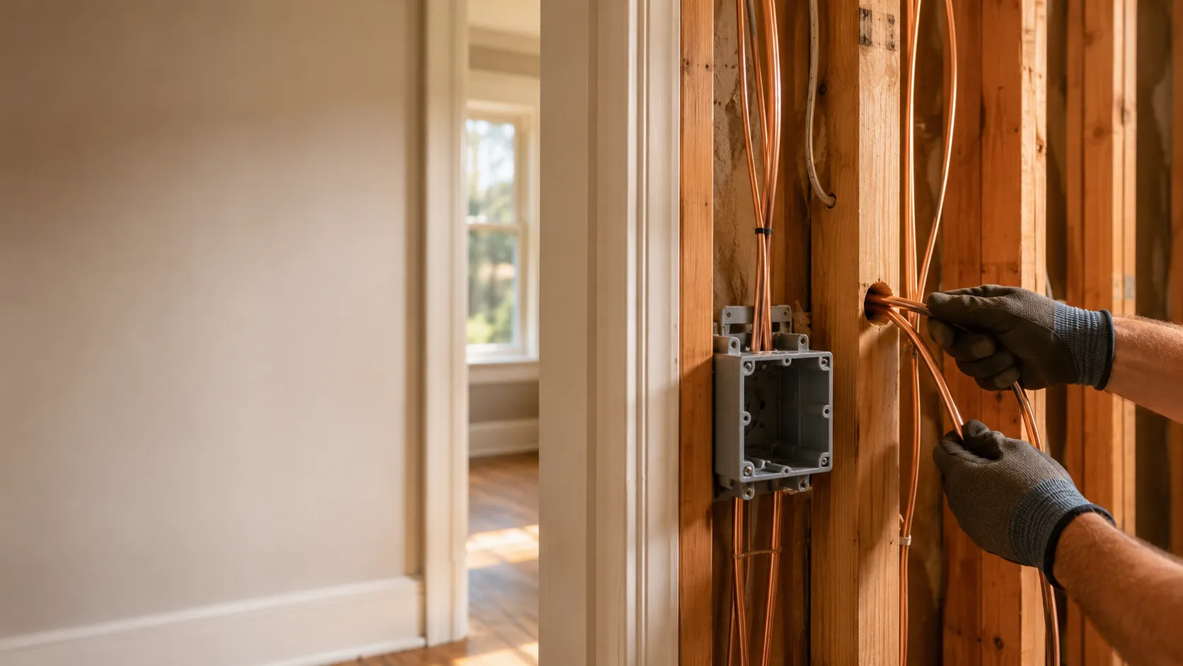 Fresh copper Romex wiring being routed through wood studs in an open Houston home wall cavity